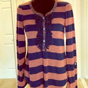 ANTHROPOLOGIE Navy Rust Long Sleeve Striped Top
